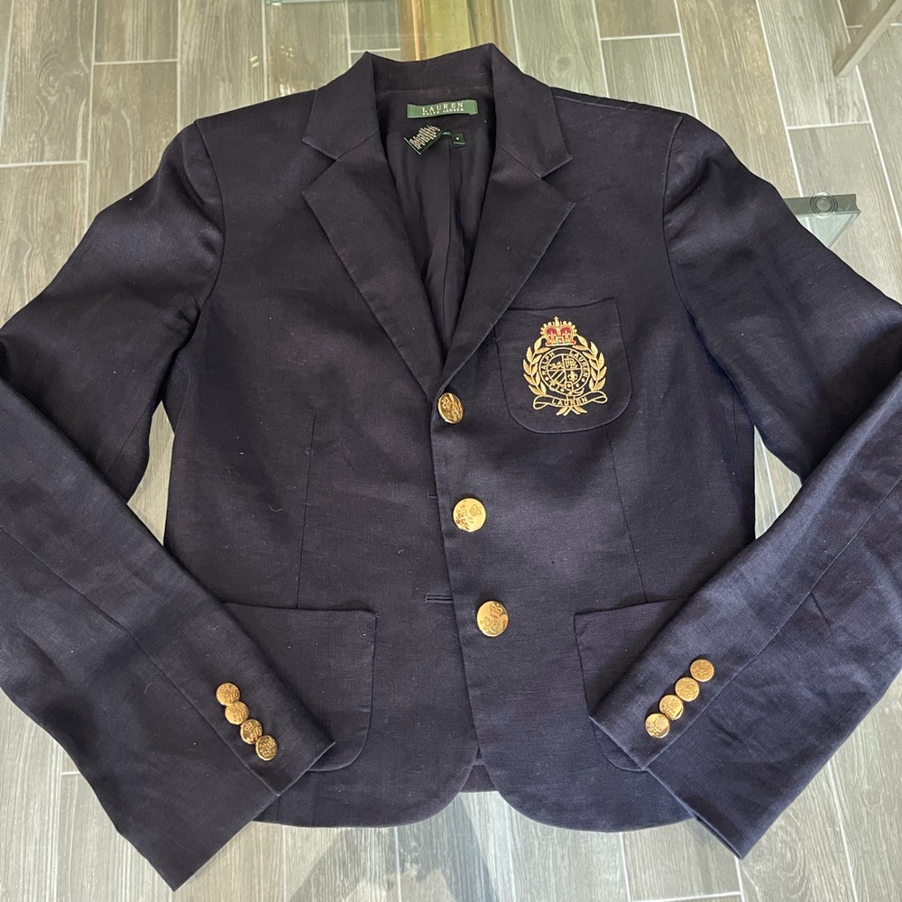 Ralph Lauren Linen Navy Gold Button Crest Emblem Bolero Blazer - size 4